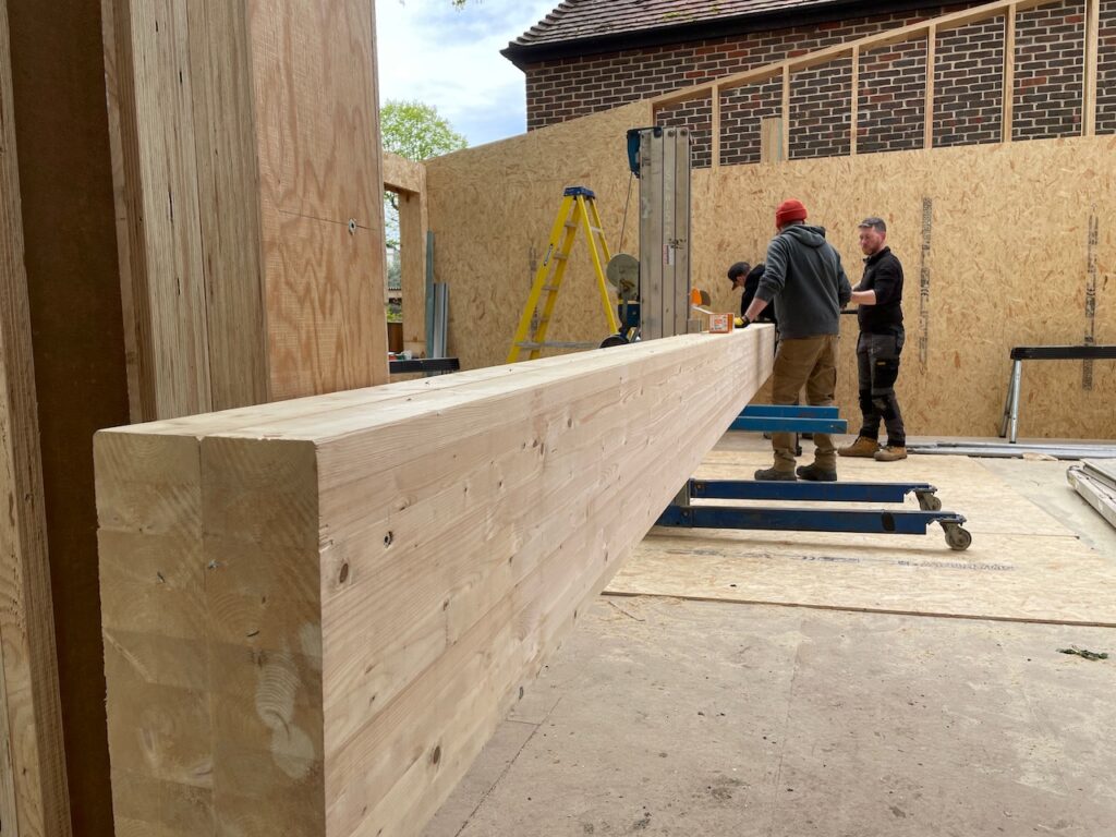 Glulam beam prepared for raising